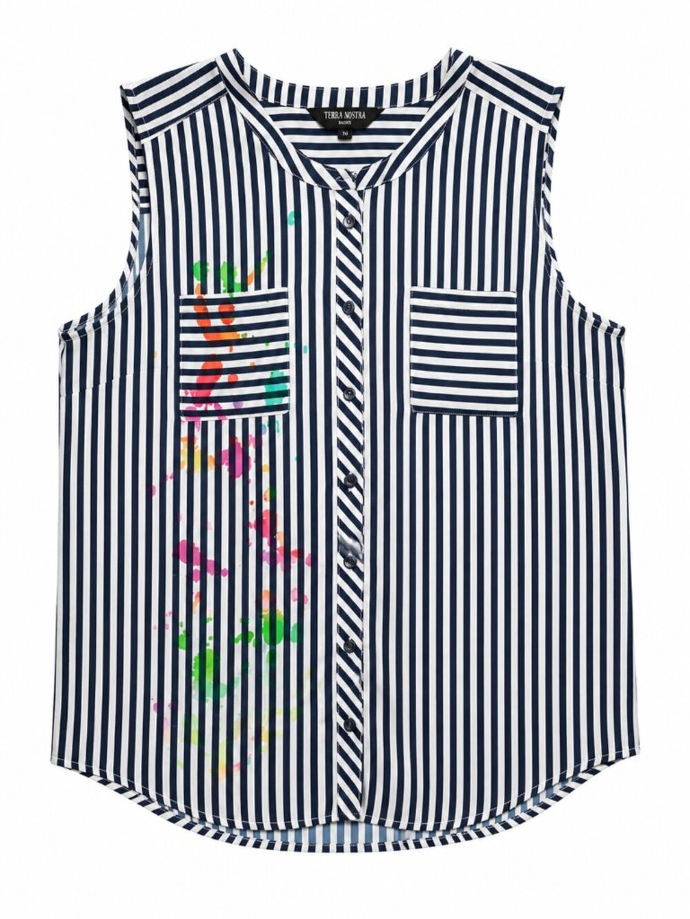 TERRA NOSTRA -  Striped Sleeveless Button-Front Top with abstract print – Size L